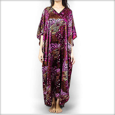 Purple Printed Satin V-Neck Kaftan - Kaftan - diKHAWA Online Shopping in Pakistan