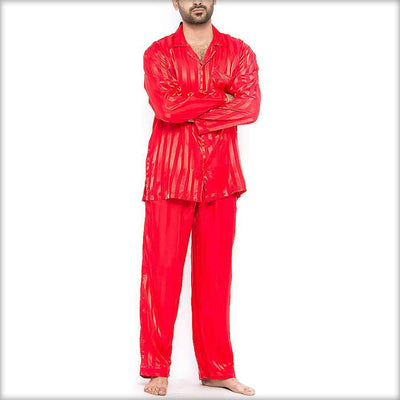 Polyester Solid Satin Stripes Men's PJ Set PJ55-RD - Mens Nightdress - diKHAWA Online Shopping in Pakistan