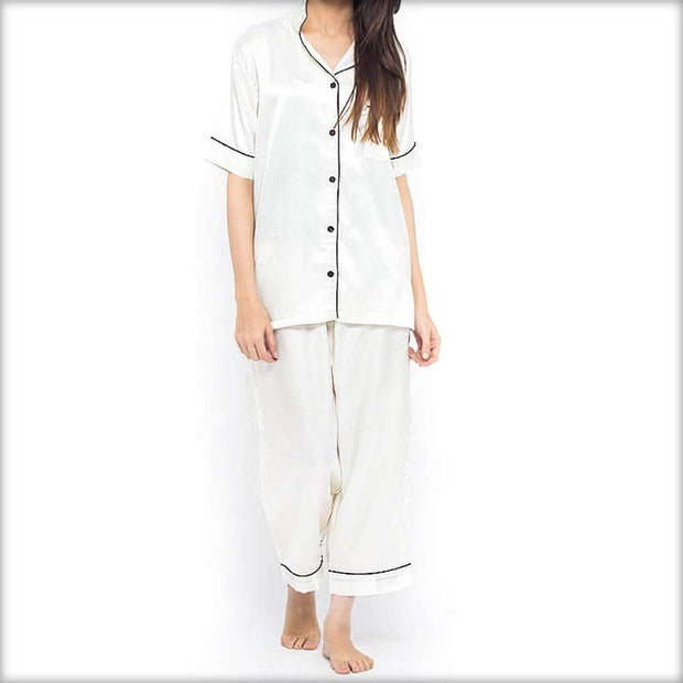 Ivory Polyester Satin Nightsuit - Ladies Nightdress - diKHAWA Online Shopping in Pakistan