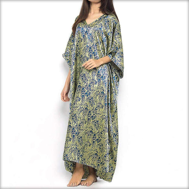 Blue & Yellow Printed Long Nighty Kaftan - Kaftan - diKHAWA Online Shopping in Pakistan