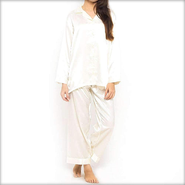 Ivory Polyester Solid Satin PJ Set - Ladies Nightdress - diKHAWA Online Shopping in Pakistan