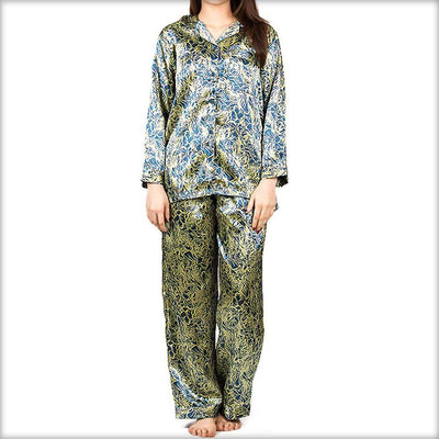 Blue & Yellow Printed Pajama Set Nightwear - Ladies Nightdress - diKHAWA Online Shopping in Pakistan