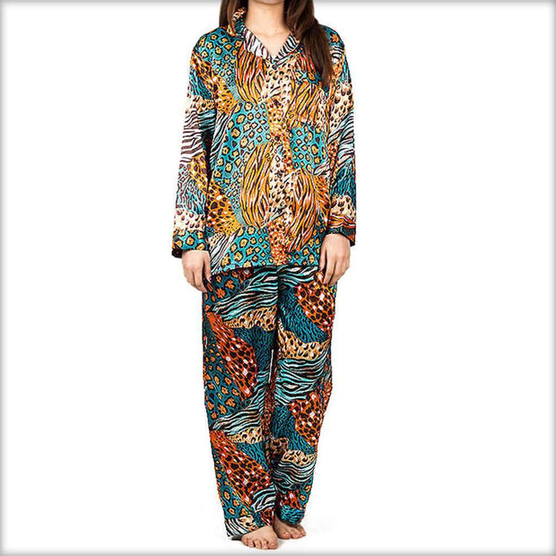 Green & Brown Abstract Print Pajama Set Nightwear - Ladies Nightdress - diKHAWA Online Shopping in Pakistan