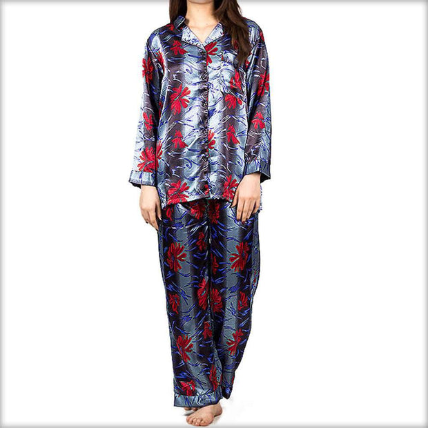 Grey & Red Floral Pajama Set Nightwear - Ladies Nightdress - diKHAWA Online Shopping in Pakistan