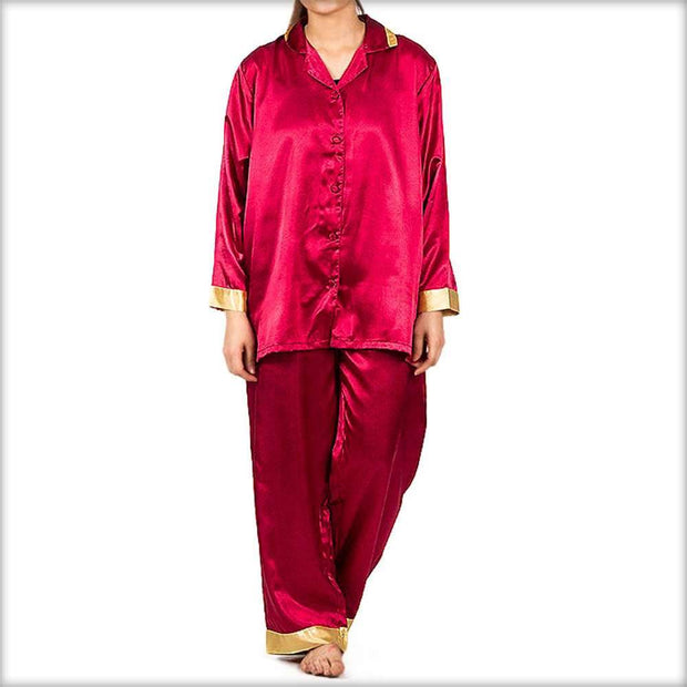 Maroon Solid Polyester Nightsuit With Golden Border - Ladies Nightdress - diKHAWA Online Shopping in Pakistan