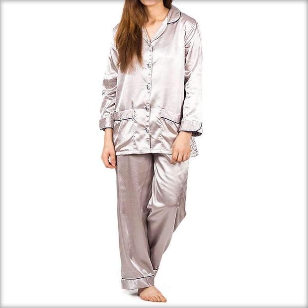 Light Grey Polyester Satin Night Suit - Ladies Nightdress - diKHAWA Online Shopping in Pakistan