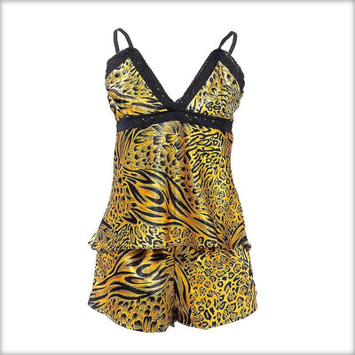 Yellow Cheetah Print Satin Shorts & Camisole Set - Cami Set - diKHAWA Online Shopping in Pakistan