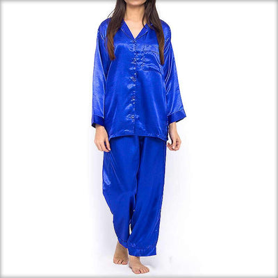 Royal Blue Polyester Solid Satin PJ Set - Ladies Nightdress - diKHAWA Online Shopping in Pakistan