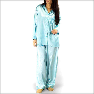 Sky Blue Polyester Solid Satin PJ Set - Ladies Nightdress - diKHAWA Online Shopping in Pakistan