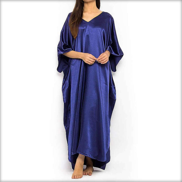 Plain Navy Blue Satin Long Nighty Kaftan - Kaftan - diKHAWA Online Shopping in Pakistan