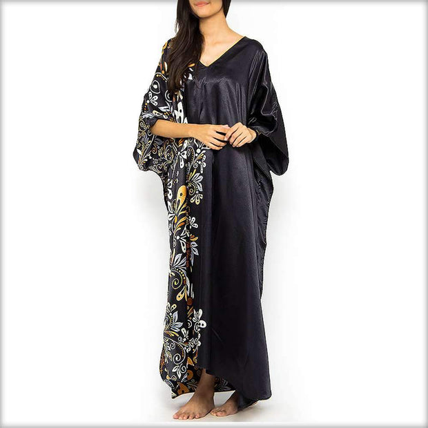 Midnight Dream Floral Print Black Kaftan - Kaftan - diKHAWA Online Shopping in Pakistan