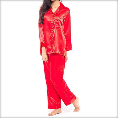 Red Polyester Solid Satin PJ Set - Ladies Nightdress - diKHAWA Online Shopping in Pakistan