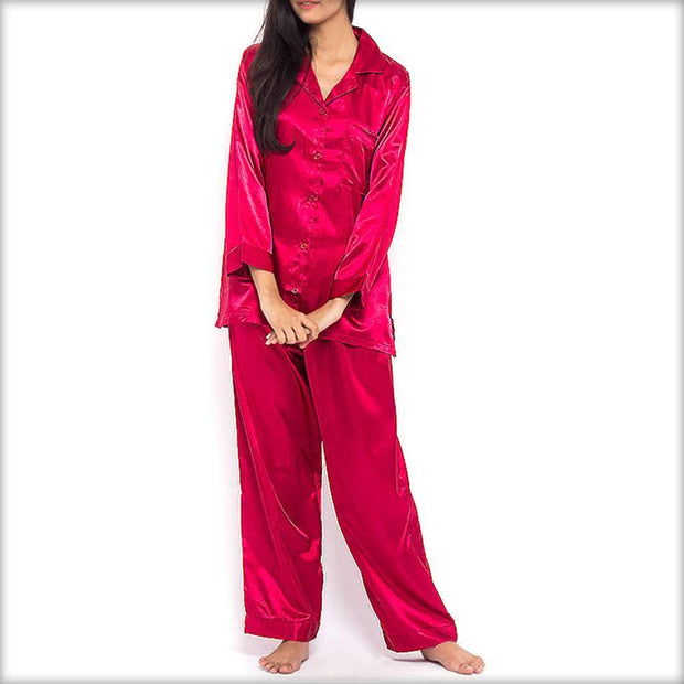 Hot Pink Polyester Solid Satin PJ Set - Ladies Nightdress - diKHAWA Online Shopping in Pakistan