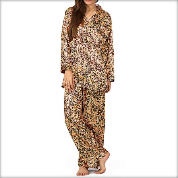 Brown & Yellow Printed Pajama Set Nightwear - Ladies Nightdress - diKHAWA Online Shopping in Pakistan