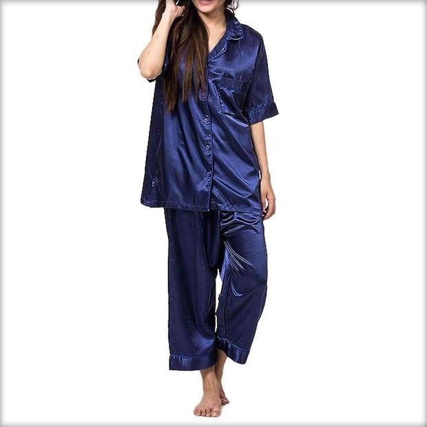 Navy Blue Polyester Satin Nightsuit - Ladies Nightdress - diKHAWA Online Shopping in Pakistan