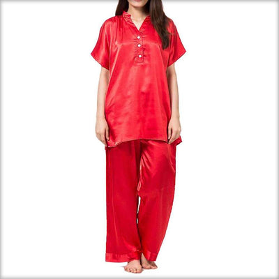 Polyester Satin Royal Red Night Suit - Ladies Nightdress - diKHAWA Online Shopping in Pakistan