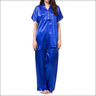 Polyester Satin Royal Blue Night Suit - Ladies Nightdress - diKHAWA Online Shopping in Pakistan