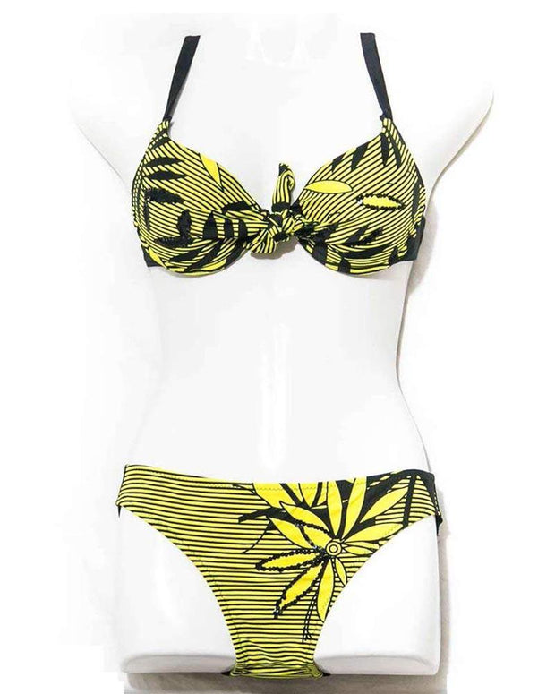 Yellow Flower Single Padded Bra Panty Set - Fancy Bra Panty Set - Bikini - diKHAWA Online Shopping in Pakistan