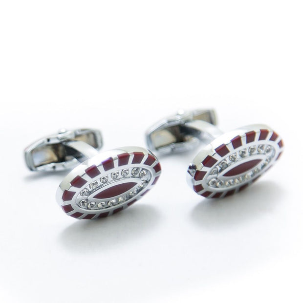 Mens Cufflinks – Oval Stainless Steel With Red Design & Diamonds - Cufflinks - diKHAWA Online Shopping in Pakistan