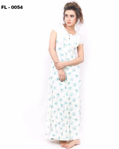 White With Blue Flower Print Flourish Night Gown - FL-0054 - Nighty - diKHAWA Online Shopping in Pakistan