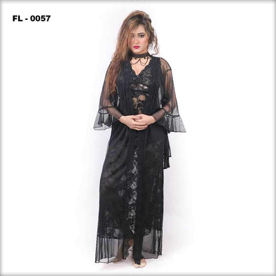 Black 2Pc Net Nighty Flourish  - FL-0057 - Nighty Sets - diKHAWA Online Shopping in Pakistan