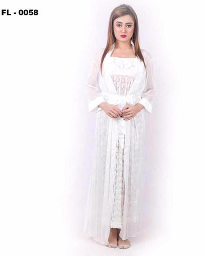 White 2Pc Net Nighty Flourish  - FL-0058 - Nighty Sets - diKHAWA Online Shopping in Pakistan