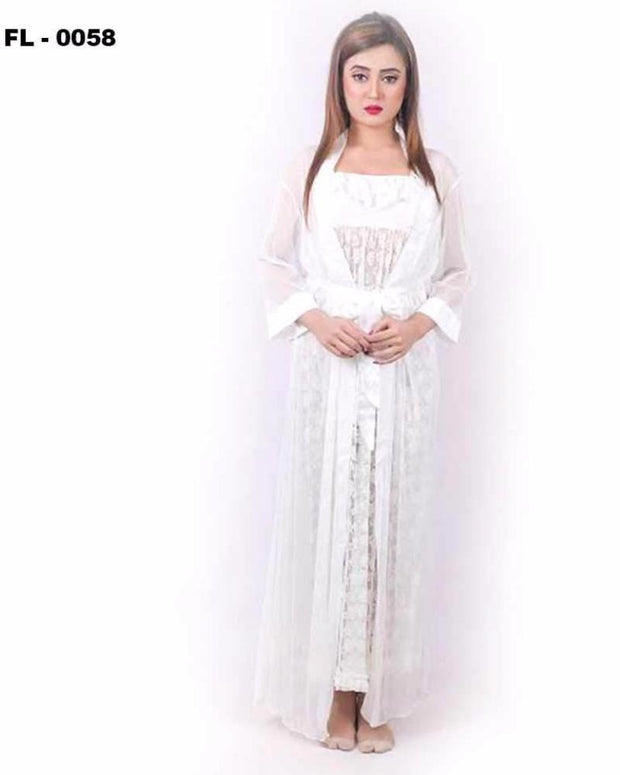 White 2Pc Net Nighty Flourish  - FL-0058 - Nighty Sets - diKHAWA Online Shopping in Pakistan