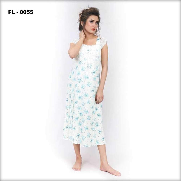 White With Blue Flower Print Flourish Night Gown - FL-0055 - Nighty - diKHAWA Online Shopping in Pakistan