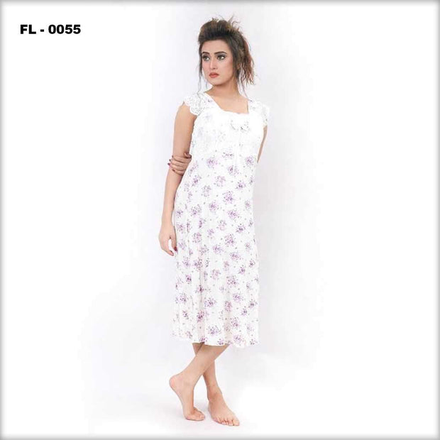 White With Purple Flower Print Flourish Women Nightdress - FL-0055 - Nighty - diKHAWA Online Shopping in Pakistan