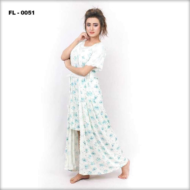 White With Blue Flower Print Flourish 2Pc Women Nightwear - FL-0051 - Nighty - diKHAWA Online Shopping in Pakistan