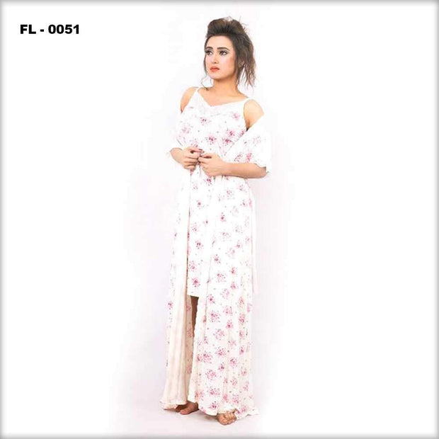 White With Pink Flower Print Flourish 2Pc Women Nightwear - FL-0051 - Nighty - diKHAWA Online Shopping in Pakistan