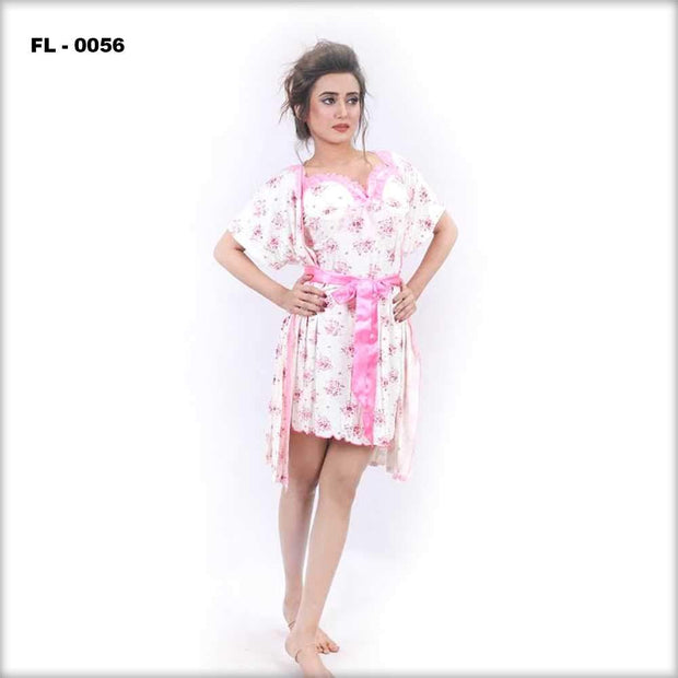 Pink Flower Print Flourish Romantic Nighty - FL-0056 - Nighty - diKHAWA Online Shopping in Pakistan