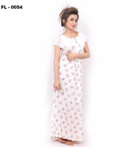 White With Purple Flower Print Flourish Night Gown - FL-0054 - Nighty - diKHAWA Online Shopping in Pakistan