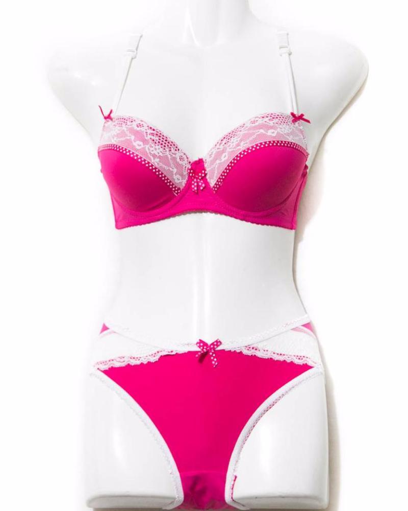 Hot Pink With White Net Underwired Double Padded Bra Panty Set