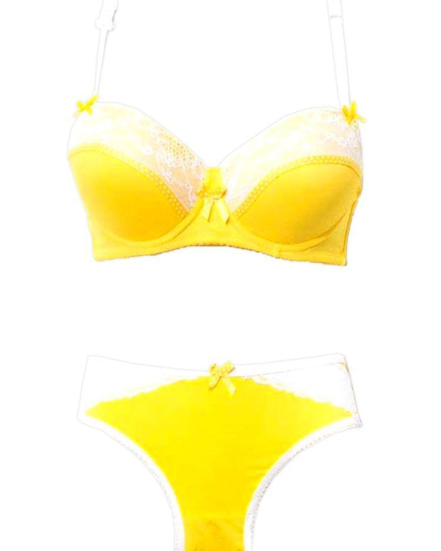 Yellow With White Net Underwired Double Padded Bra Panty Set