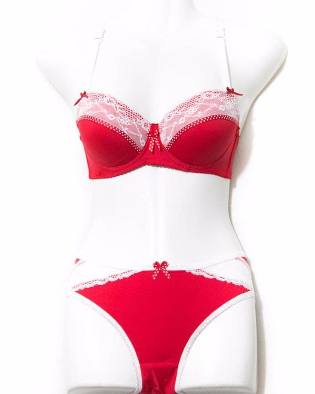 Red With White Net Underwired Double Padded Bra Panty Set - Bra Panty Sets - diKHAWA Online Shopping in Pakistan
