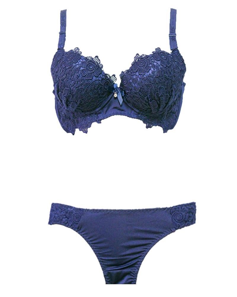 Designer Pushup Bra Panty Set Blue For Bridals Doubble Padded Underwired Fancy Bra Panty Set 32B Neavy Blue