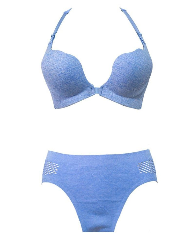 Front Open Seamless Bra Panty Set In Sky Blue For Sports Girls, Women's Sports & Yoga Bra