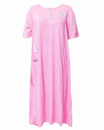 Printed Baby Pink Long Nighty With Front Buttons 902 - Women Nightdress