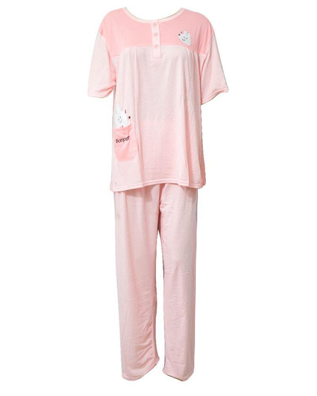 Peach 2 Pcs Nightdress For Girls Plained & Front Button - Women Nightdress
