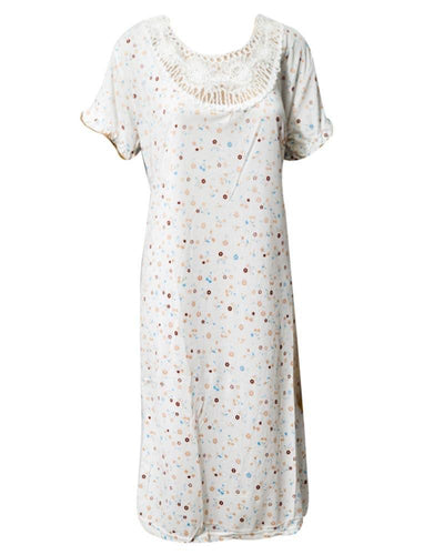 Printed White Long Nighty With Brown Dotted 111.3 -  Women Nightdress