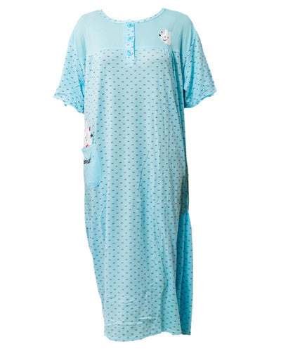 Printed Firozi Long Nighty With Front Buttons 902 - Women Nightdress
