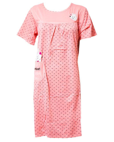 Stylish Pink Long Nighty Dotted & Side Pocket 102 -  Women Nightdress