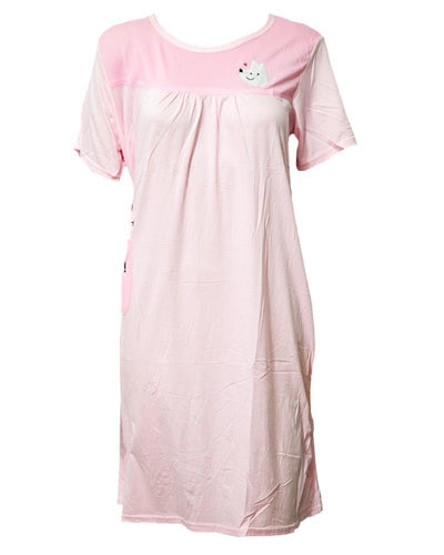 Baby Pink Long Nighty Plained & Side Pocket  101 -  Women Nightdress