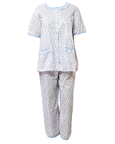 White Printed 2 Pcs Pocket Nightdress For Girls Front Open - Women Nightdress