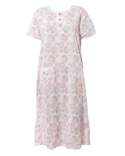 White Long Nighty Printed & Side Pocket  Pink Shade 4014 -  Women Nightdress