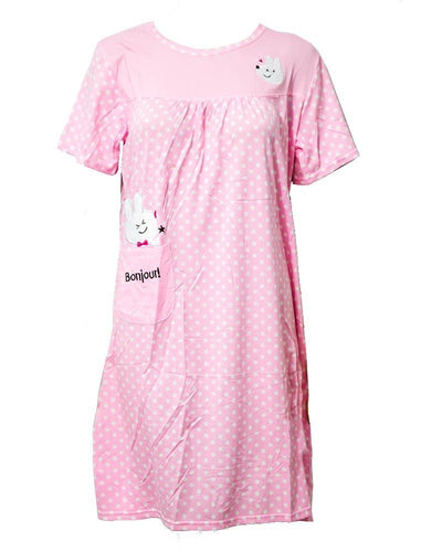 Baby Pink Long Nighty White Dotted & Side Pocket 103 -  Women Nightdress