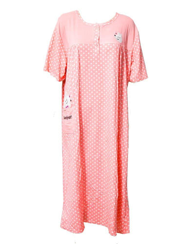 Pink Long Nighty White Dotted & Front Button 903 -  Women Nightdress