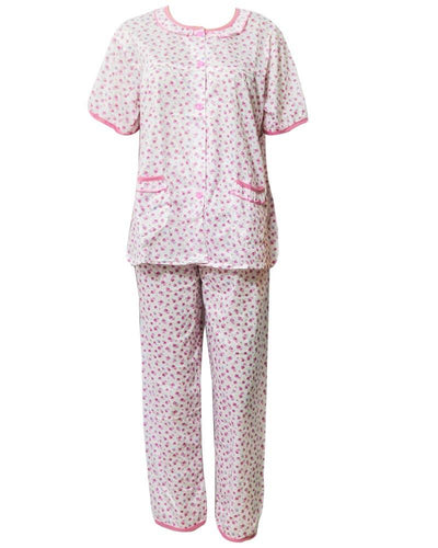 White & Pink Printed 2 Pcs Pocket Nightdress For Girls Front Open - Women Nightdress