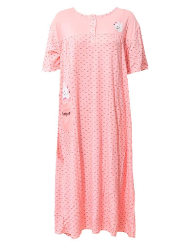 Orange Long Nighty Dotted & Side Pocket Front Button 902 - Women Nightdress